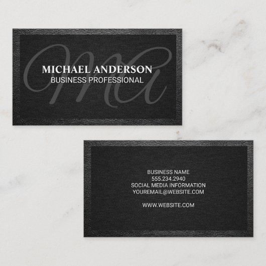 Monogram Serif | Zwarte textuur | Leder Visitekaartje (Voorkant / Achterkant)