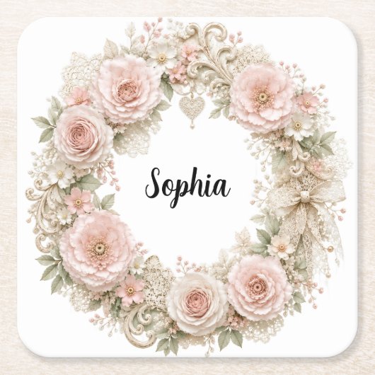 monogram shabby chic bloemenkrans onderzetters (Voorkant)