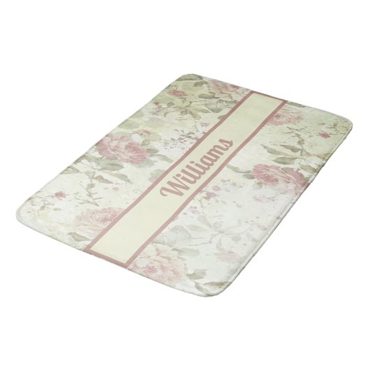 Monogram Shabby Chic Pink Green Roos Floral Badmat (Gekanteld)