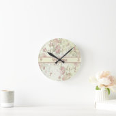 Monogram Shabby Chic Pink Green Roos Floral  Ronde Klok (Huis)