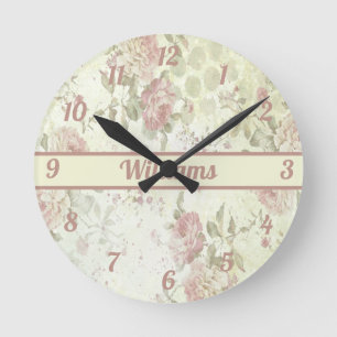 Monogram Shabby Chic Pink Green Roos Floral  Ronde Klok