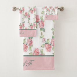 Monogram Shabby Chic Pink Rose Floral Bad Handdoek