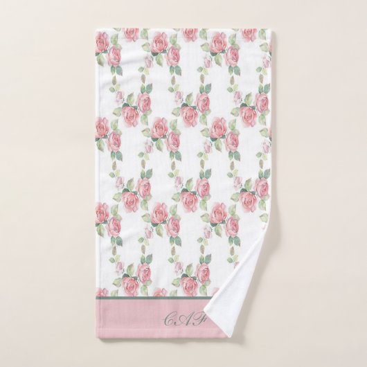 Monogram Shabby Chic Pink Rose Floral Bad Handdoek (Handdoek)