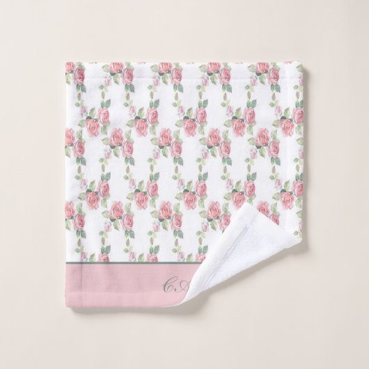 Monogram Shabby Chic Pink Rose Floral Bad Handdoek (Wasdoekje)