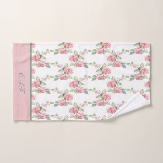 Monogram Shabby Chic Pink Rose Floral Bad Handdoek (Handdoek)