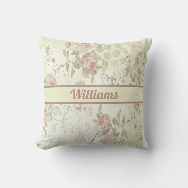 Monogram Shabby Chic Roze Groene Roos Bloem Kussen (Voorkant)