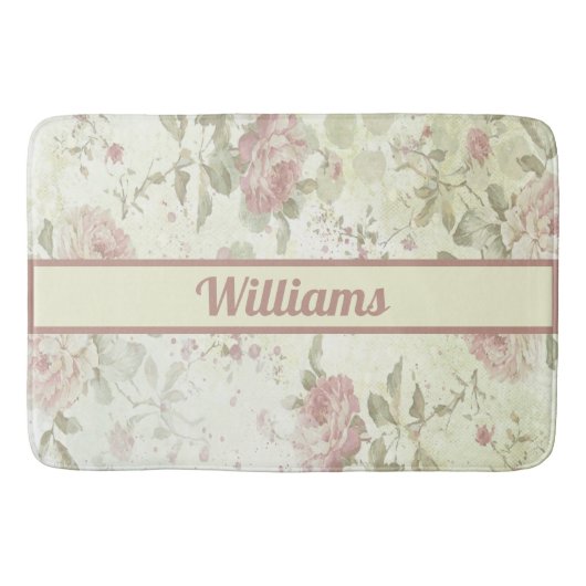 Monogram Shabby Chic Roze Groene Roos Bloemig Badmat (Voorkant)