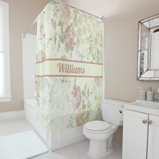Monogram Shabby Chic Roze Groene Roos Bloemig Douchegordijn (In situ)
