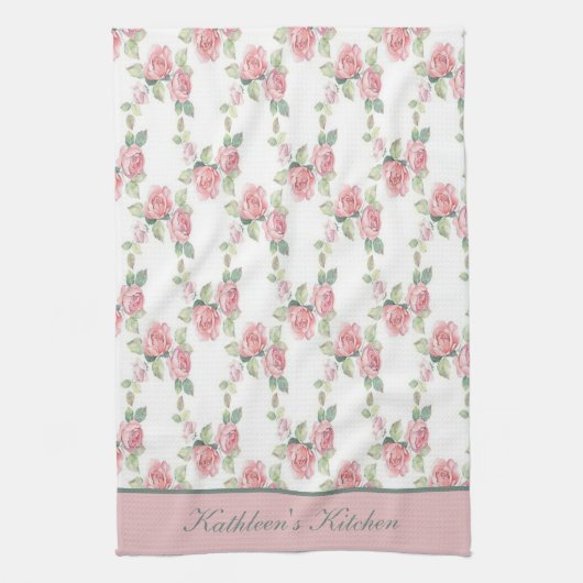 Monogram Shabby Chic Roze Roos Bloemig Theedoek (Verticaal)