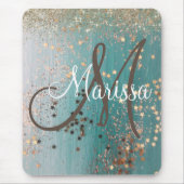 Monogram Shimmery Gold Stars op Blauwgroen Muismat (Voorkant)