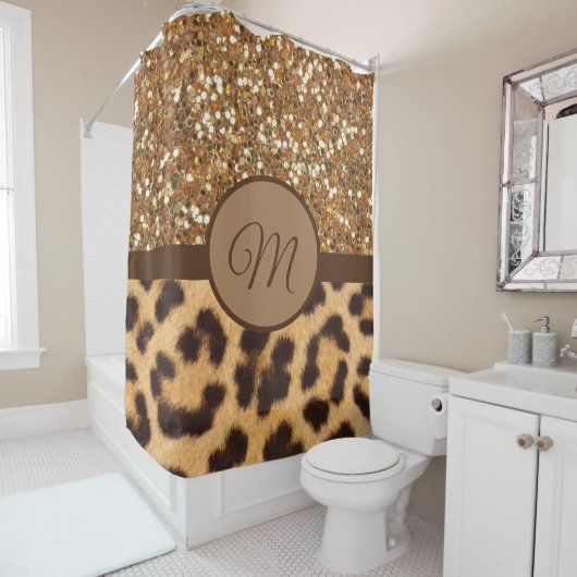 Monogram Shower Curtain Monogrammed Gold Leopard Douchegordijn (In situ)