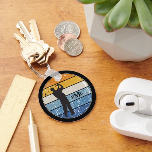 Monogram Silhouette Golfer Retro Stripe Sleutelhanger (Bureau)