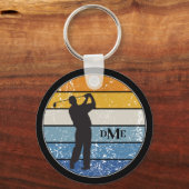 Monogram Silhouette Golfer Retro Stripe Sleutelhanger (Voorkant)