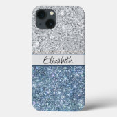 Monogram Silver Blue Glitter Trendy Chic Stylish Case-Mate iPhone Case (Achterkant)