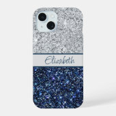 Monogram Silver Dark Blue Glitter Trendy Chic iPhone 15 Case (Achterkant)
