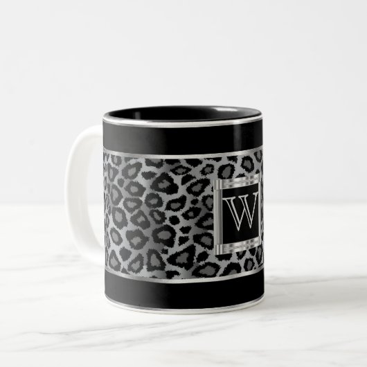 Monogram Silver en Gray Leopard Animal Print Tweekleurige Koffiemok (Voorkant links)