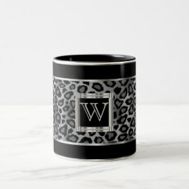 Monogram Silver en Gray Leopard Animal Print Tweekleurige Koffiemok