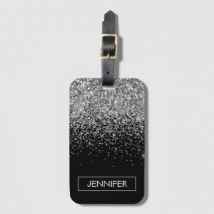 Monogram Silver Glam Glitter Sparkle Name Bagagelabel