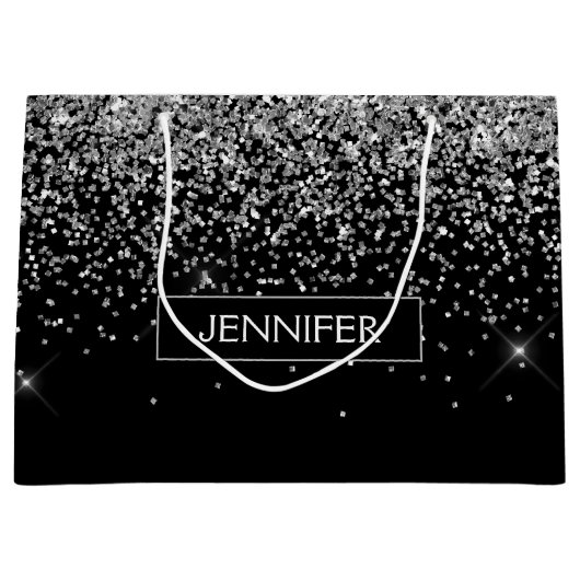 Monogram Silver Glam Glitter Sparkle Name Groot Cadeauzakje (Voorkant)