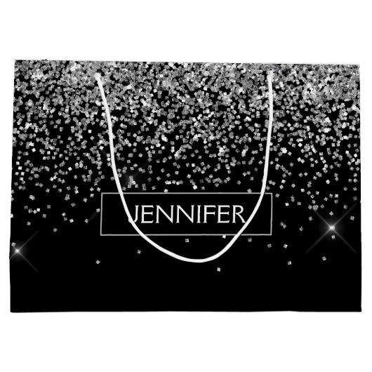 Monogram Silver Glam Glitter Sparkle Name Groot Cadeauzakje (Achterkant)