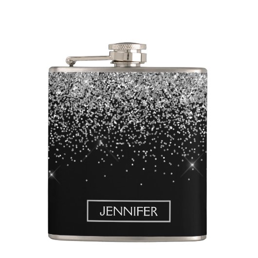 Monogram Silver Glam Glitter Sparkle Name Heupfles (Voorkant)