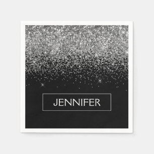 Monogram Silver Glam Glitter Sparkle Name Servet