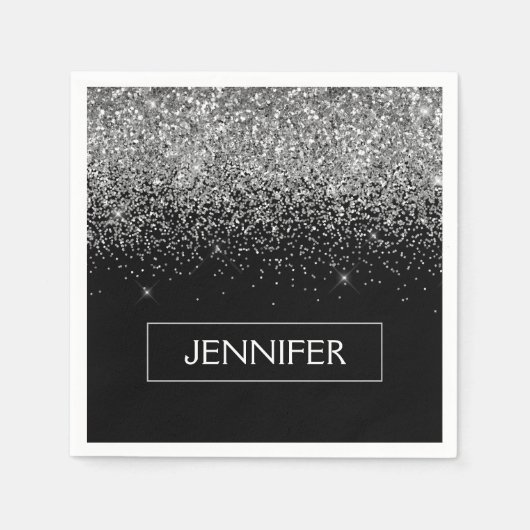 Monogram Silver Glam Glitter Sparkle Name Servet (Voorkant)