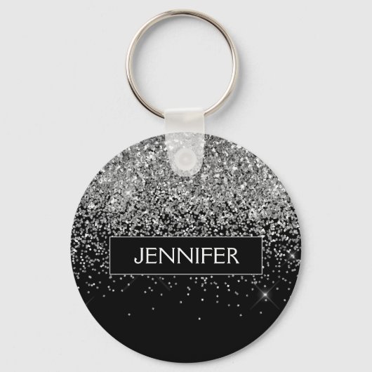Monogram Silver Glam Glitter Sparkle Name Sleutelhanger (Voorkant)
