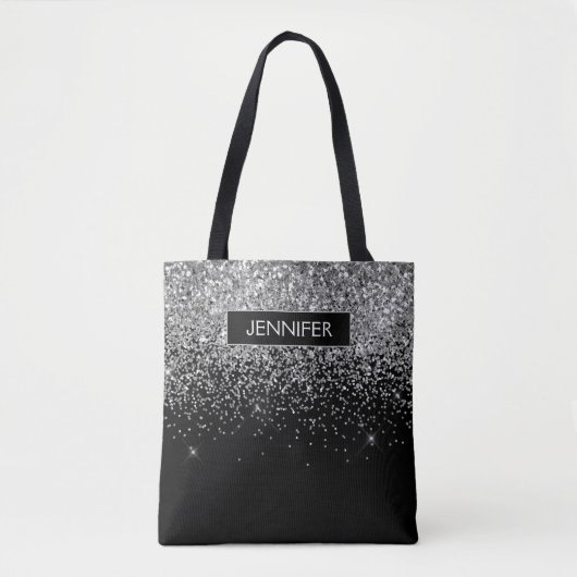 Monogram Silver Glam Glitter Sparkle Name Tote Bag (Voorkant)