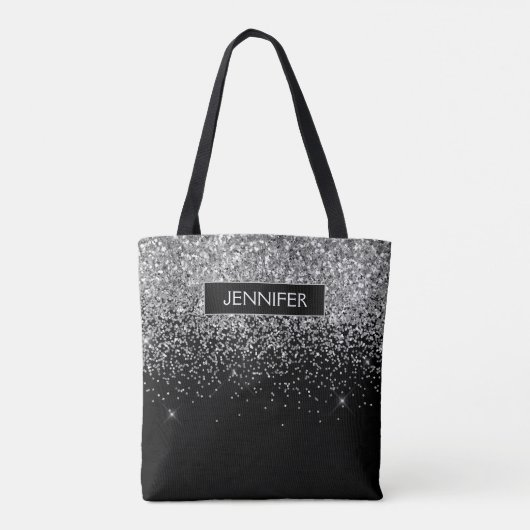 Monogram Silver Glam Glitter Sparkle Name Tote Bag (Achterkant)