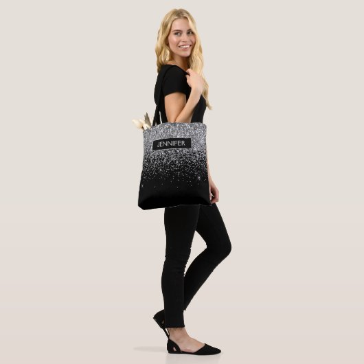 Monogram Silver Glam Glitter Sparkle Name Tote Bag (Op model)