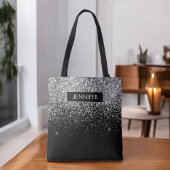 Monogram Silver Glam Glitter Sparkle Name Tote Bag
