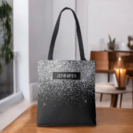 Monogram Silver Glam Glitter Sparkle Name Tote Bag