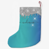 Monogram Silver Glitter Blue Turquoise Ombre Naam Kleine Kerstsok (Achterkant)