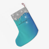 Monogram Silver Glitter Blue Turquoise Ombre Naam Kleine Kerstsok (Achterkant (Hangend))