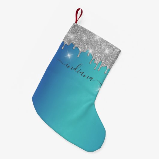 Monogram Silver Glitter Blue Turquoise Ombre Naam Kleine Kerstsok (Voorkant (Hangend))