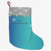 Monogram Silver Glitter Blue Turquoise Ombre Naam Kleine Kerstsok (Voorkant)
