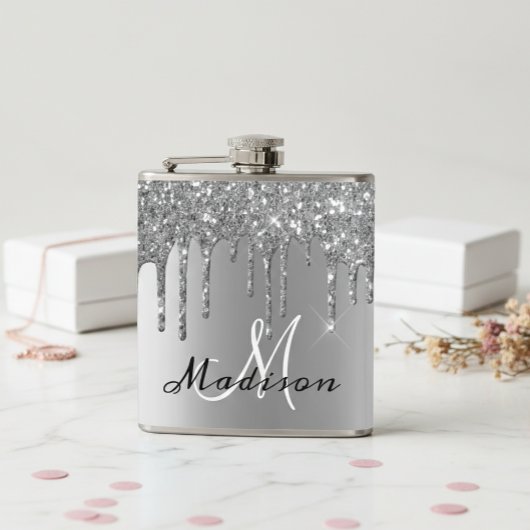 Monogram Silver Glitter Drijft Girly Sparkle Heupfles