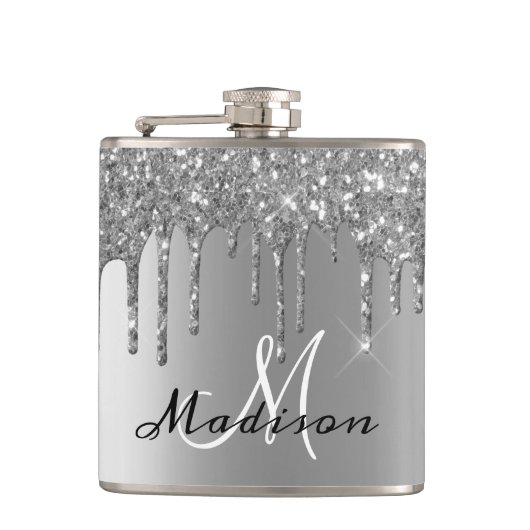 Monogram Silver Glitter Drijft Girly Sparkle Heupfles (Voorkant)