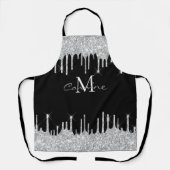 Monogram Silver Glitter Drip Chique Zwart Naam Sch Schort (Voorkant)