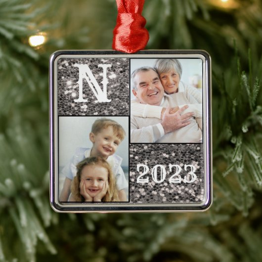 Monogram Silver Glitter Foto Kerstmis Metalen Ornament (Boom)