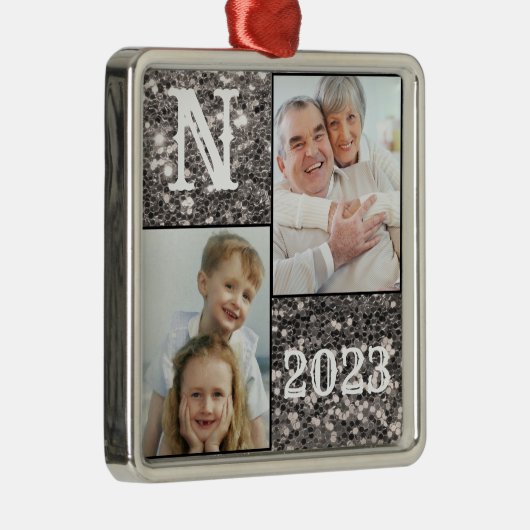 Monogram Silver Glitter Foto Kerstmis Metalen Ornament (Rechts)