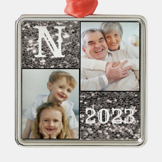 Monogram Silver Glitter Foto Kerstmis Metalen Ornament (Voorkant)