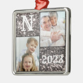 Monogram Silver Glitter Foto Kerstmis Metalen Ornament (Links)