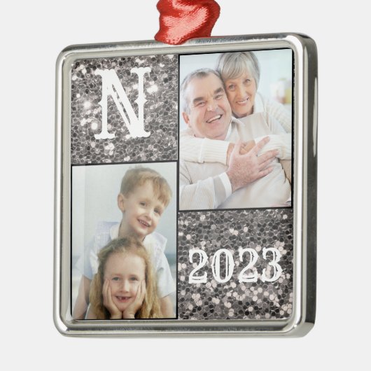 Monogram Silver Glitter Foto Kerstmis Metalen Ornament (Links)