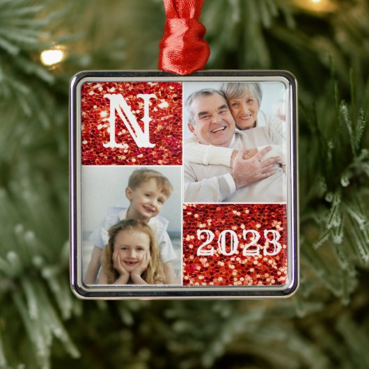 Monogram Silver Glitter Foto Kerstmis Metalen Ornament (Boom)