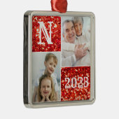 Monogram Silver Glitter Foto Kerstmis Metalen Ornament (Rechts)