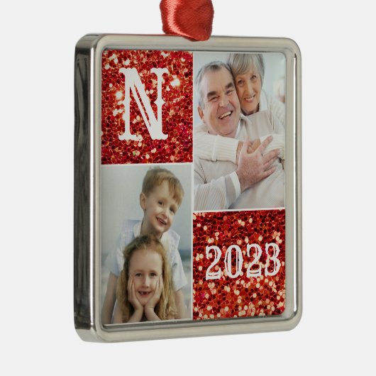 Monogram Silver Glitter Foto Kerstmis Metalen Ornament (Rechts)