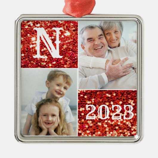 Monogram Silver Glitter Foto Kerstmis Metalen Ornament (Voorkant)