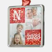 Monogram Silver Glitter Foto Kerstmis Metalen Ornament (Links)